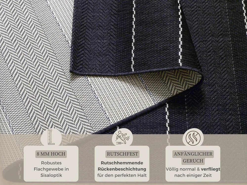 Hanse Home Sunshine vidaus ir lauko kilimas Fürth 80 x 150 cm - plokščio audimo, atsparus oro sąlygoms, modernaus dizaino kilimas balkonui, terasai, oranžerijai, virtuvei, valgomajam, vonios kambariui, svetainei, atsparus vandeniui, juodas