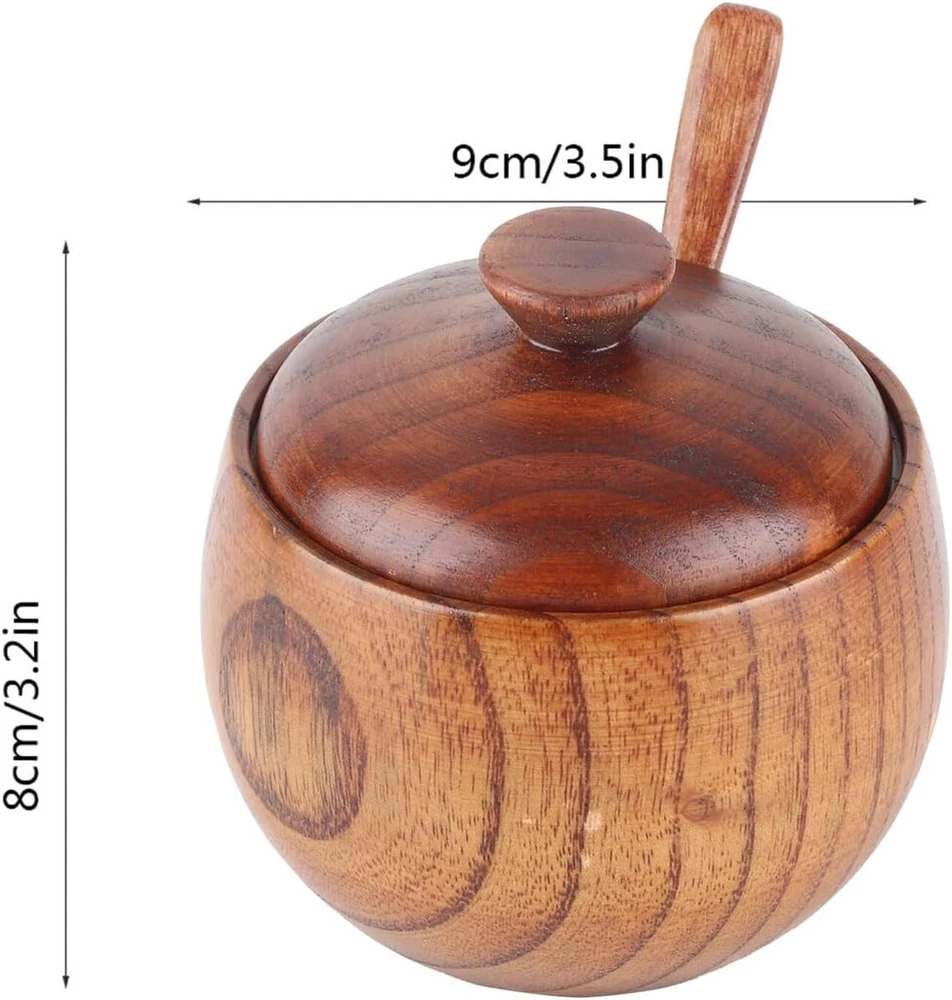 Hapivida medinis druskos indelis, 8 x 9 cm, 50 ml, mediniai prieskonių indeliai, cukraus dubuo su dangteliu ir šaukšteliu, prieskonių indelis, druskinė cukrui, druskai, padažui, actui, pipirams (1 vnt.)