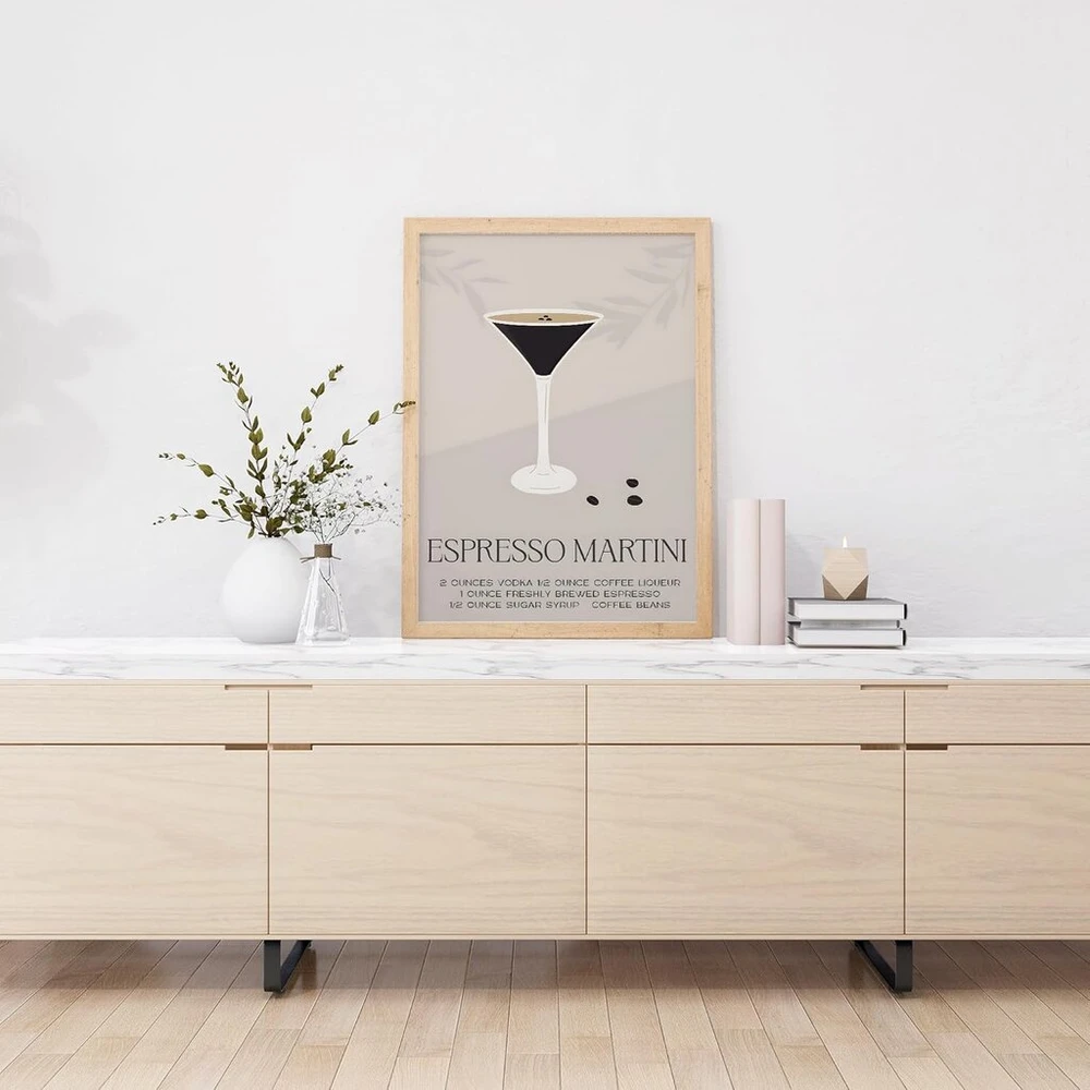Happymotive Espresso Martini plakatas, kokteilių plakatas su receptu ir ingredientais, moderni sienų dekoracija barui, virtuvei ir svetainei, aukščiausios kokybės spaudinys ant 300g popieriaus, din a2, a3 ir a4