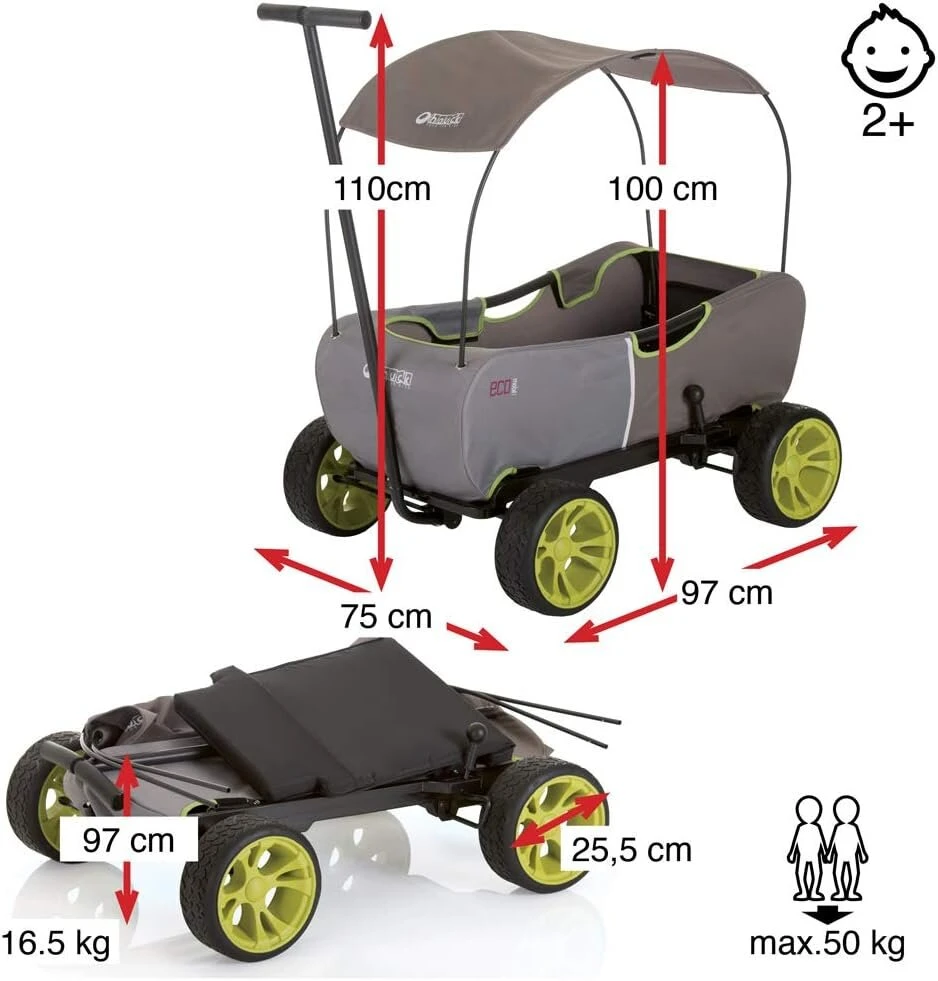Hauck Eco Mobile vežimėlis-rankinis vežimėlis 2 vaikams su stogeliu nuo saulės ir sėdynės paminkštinimu, sulankstomas, apkrova 50 kg - Forest Žalias