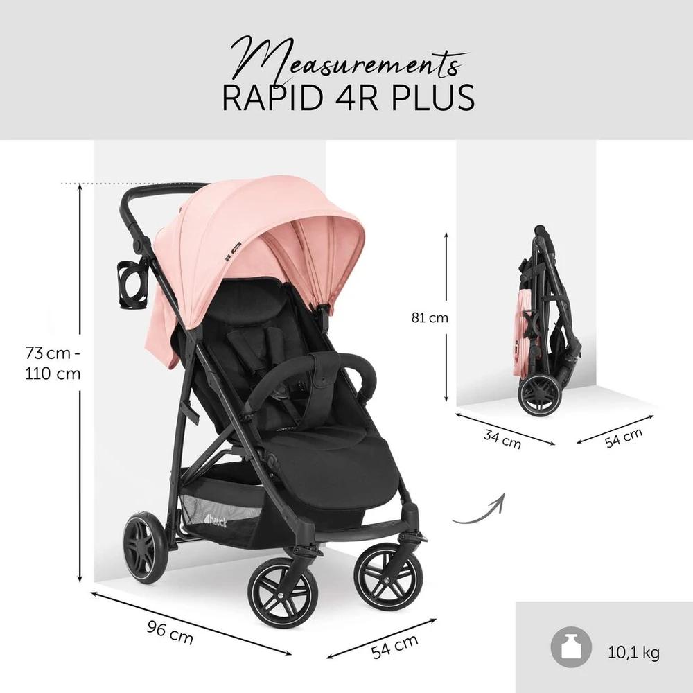Hauck Rapid 4r Plus vežimėlis, xl saulės stogelis upf 50+, maksimali apkrova 25 kg, greitai sulankstomas, kompaktiškas, reguliuojamas aukštis, gėrimų laikiklis, atlošiama padėtis, didelis pirkinių krepšys, rožinis