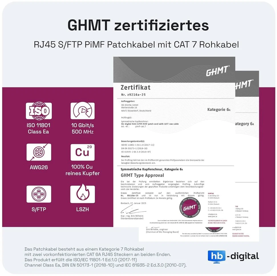 Hb-digital 15 m lan kabelis, rj45 patch kabelis su cat 7 raw kabeliu s/ftp - ghmt sertifikuotas - 10 gigabitų ethernet tinklo kabelis varinis profesionalus pimf, skirtas patch panel switch pc router - geltonas