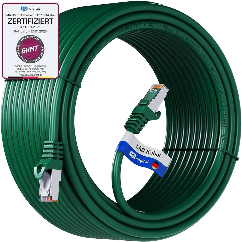 Hb-digital 30 m lan kabelis cat 7 neapdorotas kabelis rj45 s/ftp tinklo kabelis ethernet patch kabelis iki 10 gbps 600 mhz varinis profesionalus pimf varis patch panelei jungiklis maršrutizatorius modemas - žalias