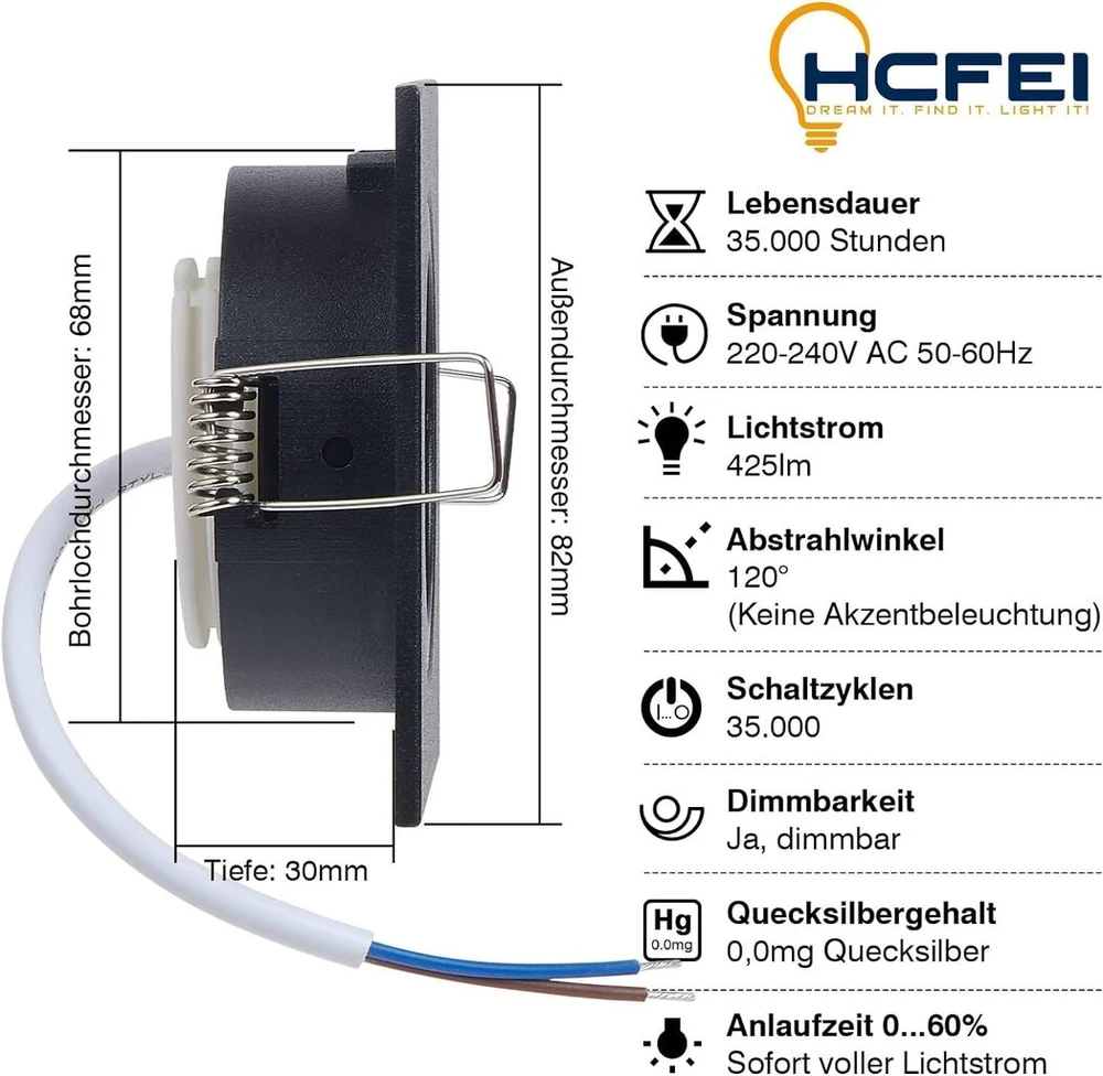 Hcfei Led įleidžiamas prožektorius itin plonas 425 liumenų 230 v 5 w reguliuojamas kvadratinis korpusas pasukamas juodas (10 - neutrali balta)
