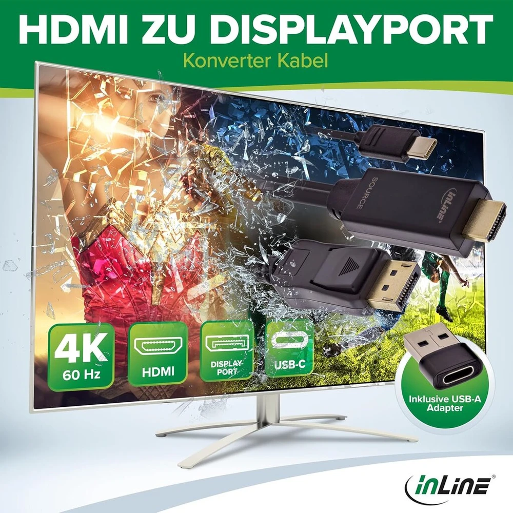 Hdmi į Displayport keitiklio kabelis, 4k 60hz, Usb maitinimas, 1.5m