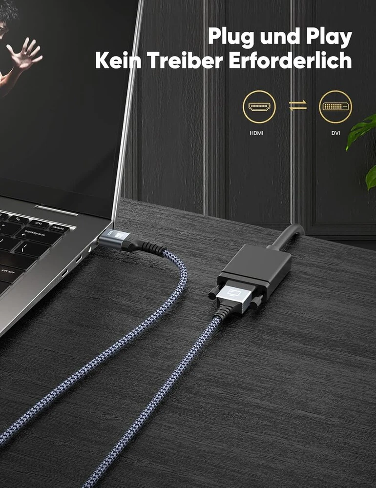 Hdmi į Dvi kabelis 1.8m, 4k, pintas nailono apvalkalas