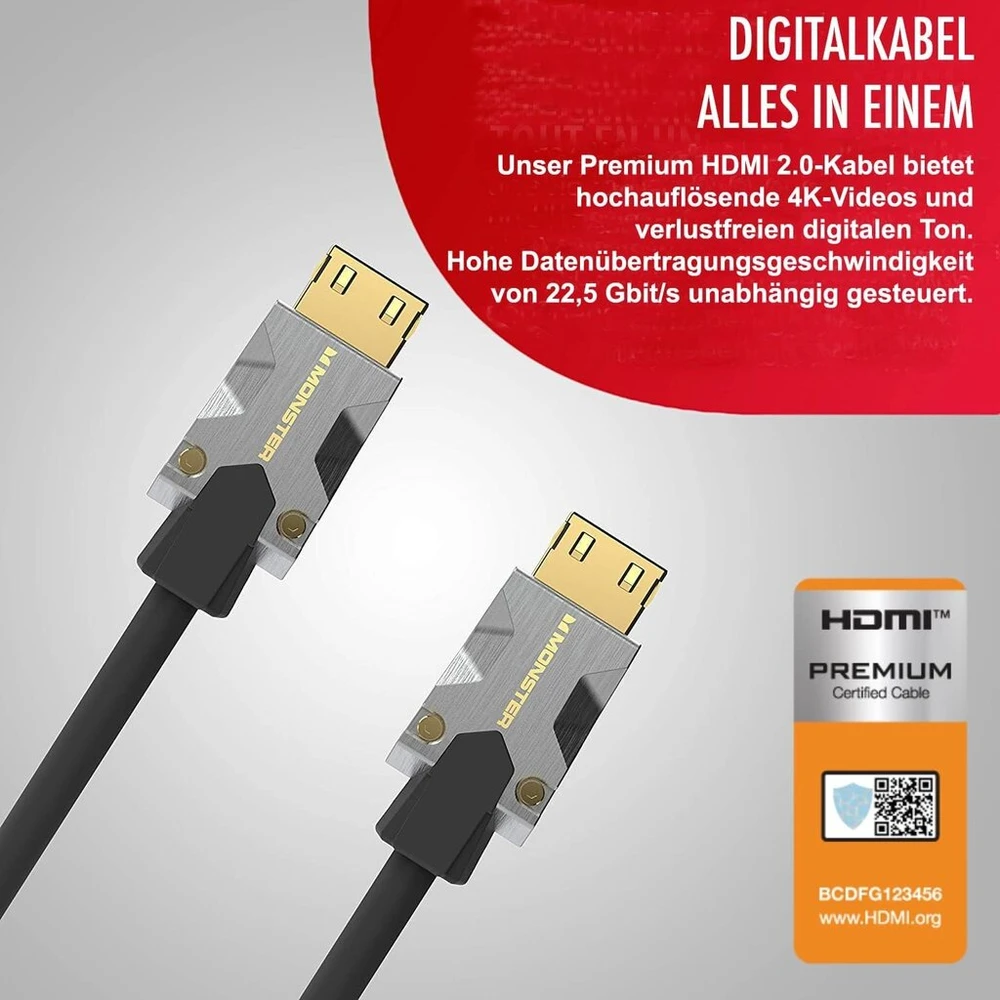 Hdmi kabelis M1000 1,5 m, Premium Hdmi 2.0 kabelis, Uhd 4k Hdr 22,5 Gbps, 24k aukso jungtys, suderinamas su žaidimų konsolėmis, Dvd grotuvais, kompiuteriais