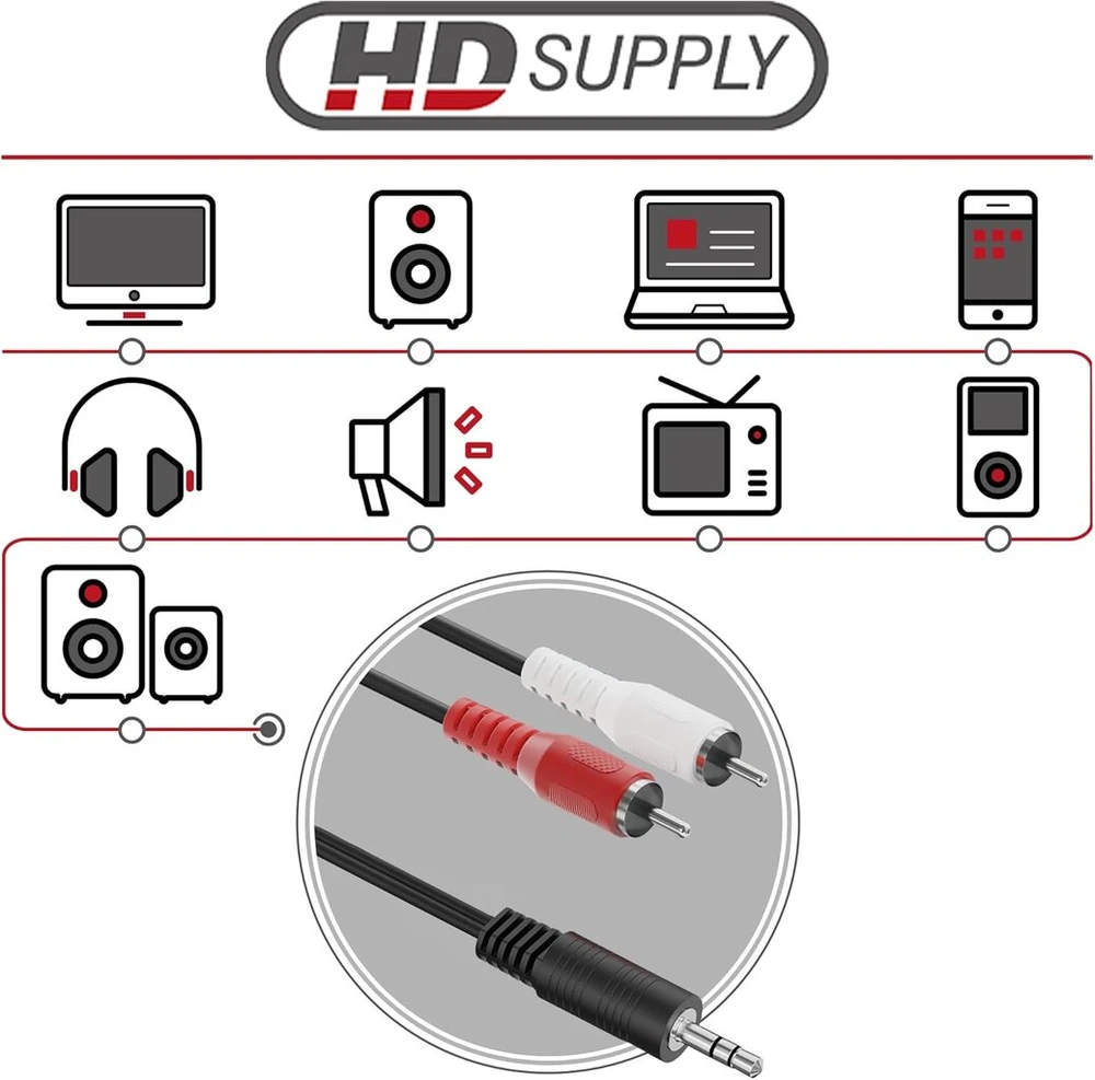 Hdsupply jack į rca kabelį, 3.00 m 3.5 mm aux rca audio kabelis, 3 kontaktų stereo audio, y adapterio kabelis žemų dažnių garsiakalbiui, soundbar'ui, televizoriui, automobiliui, radijui, išmaniajam telefonui, planšetiniam kompiuteriui, juodas