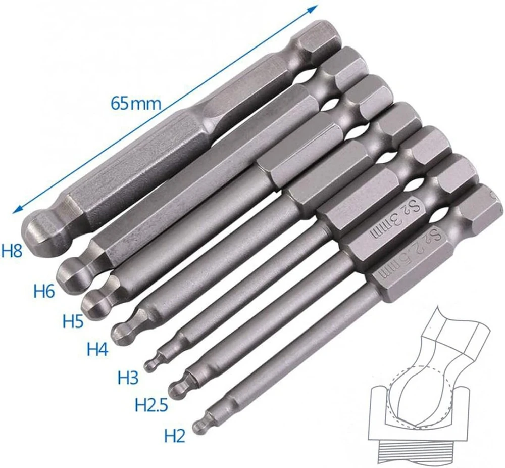 Hex atsuktuvo antgaliai 65mm, 7 vnt., 1/4" S2 plieno, rutulinė galvutė