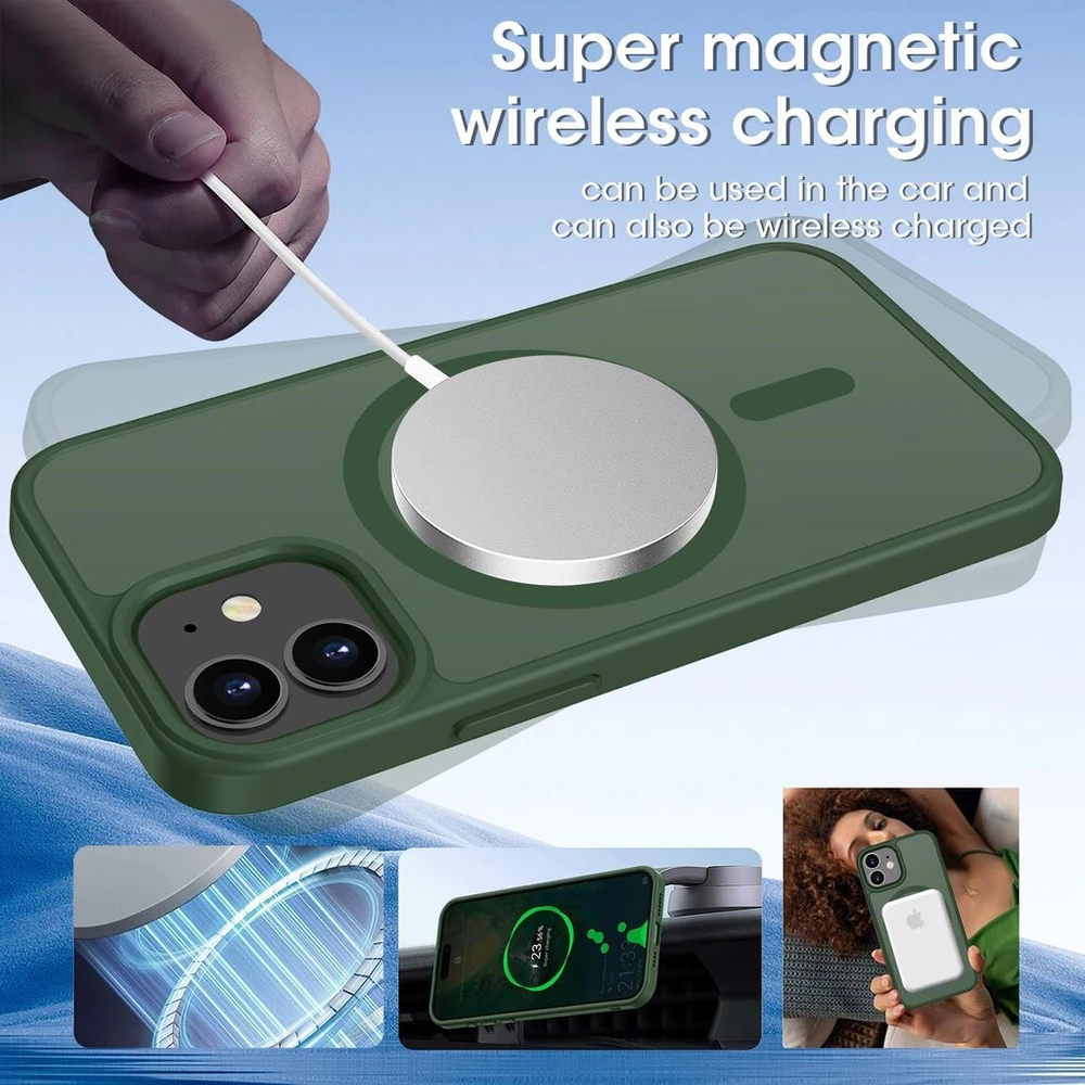Hgh magnetinis dėklas, skirtas iphone 12 mini 5.4 colio, suderinamas su magsafe, permatomas matinis plonas smūgiams atsparus telefono dėklas, skirtas iphone 12 mini (tamsiai žalias)