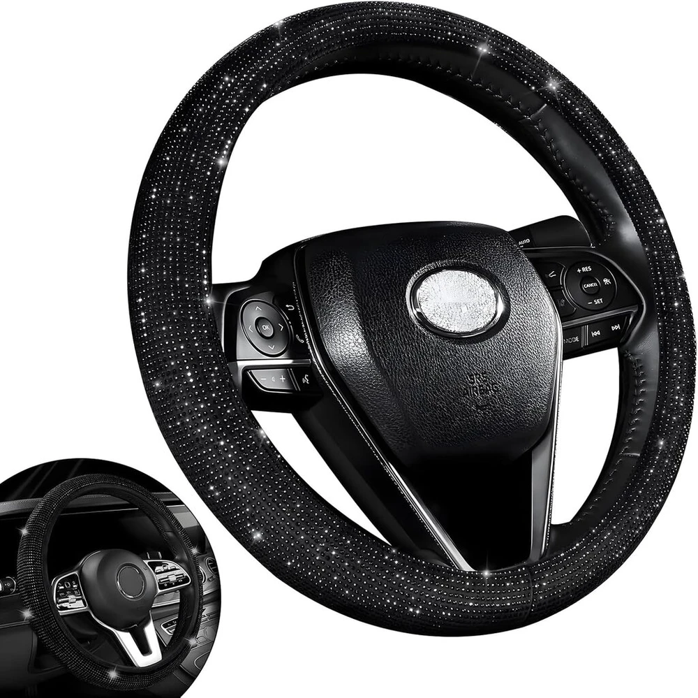 Hiahxc 36-39 cm automobilio vairo dangtelis, blizgantys vairo dangteliai, neslystanti vairo apsauga, automobilio kristalinis vairo dangtelis, automobilių aksesuarai, interjeras (juodas)