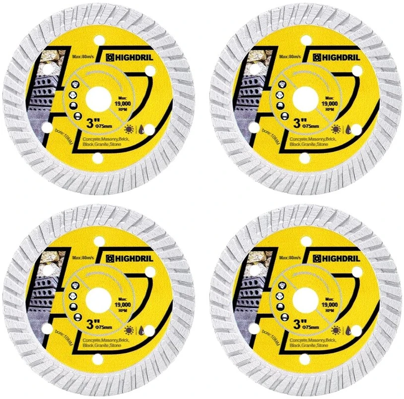 Highdril Deimantinis betono pjovimo diskas 75 mm x 10 mm įvorė - 4 vnt. apskritų pjūklų rinkinys, skirtas granito, kieto betono gaminių, kietų dirbtinių natūralių akmenų, klinkerio atskyrimui