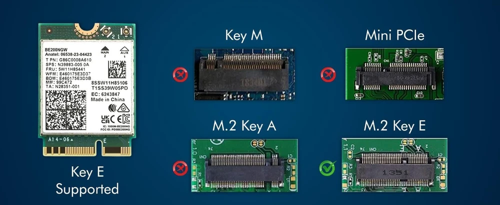 Highzer0 Electronics Be200 Wifi 7 kortelė | M.2 Pcie Wifi kortelė | Tri-band 2.4/5/6 Ghz | Iki 5.8 Gbps | Žaidimų Wifi kortelė kompiuteriui | Palaiko Bluetooth 5.4 ir Intel kompiuterius su Windows 10/11 | Be200ngw