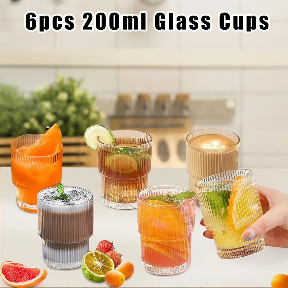 Higspe 200 ml stiklinės su grioveliais, 6 stiklinių su grioveliais rinkinys, sukraunamos stiklinės su raštu, vintažinio origami stiliaus stiklinės, vandens stiklinės kokteiliams, viskiui, arbatai, limonadui, kavai