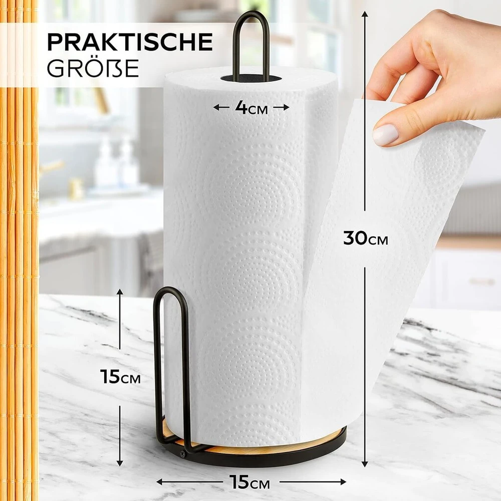 Rankšluostis Hikitchen® plieno virtuvinio popieriaus laikiklis su bambuko pagrindu - virtuvinio popieriaus laikiklis (juodas)