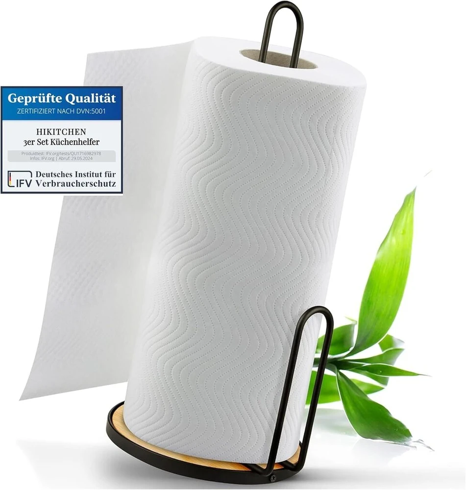 Rankšluostis Hikitchen® plieno virtuvinio popieriaus laikiklis su bambuko pagrindu - virtuvinio popieriaus laikiklis (juodas)