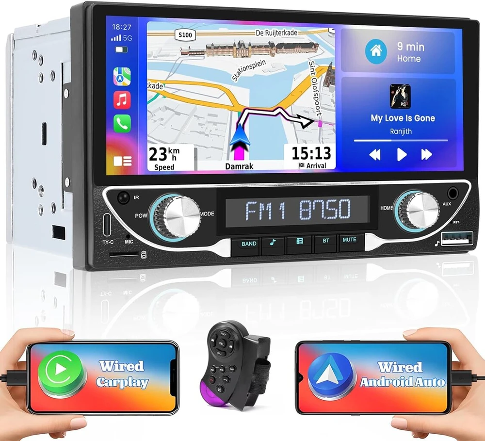 Automagnetola Hikity automobilinis radijas su carplay, dvigubas din, 6.86 colių jutiklinis ekranas, 2 din radijas bluetooth su android auto, bluetooth laisvų rankų įranga, fm aux tf usb type-c mic eq swc mirror link atbulinės eigos kamera