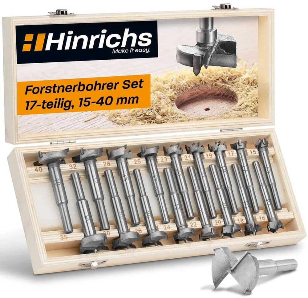 Hinrichs Forstner grąžtų rinkinys 17 dalių mediniame lagamine – Forstner grąžtų rinkinys nuo 15 iki 40 mm – įvairiems medienos darbams, kaištinė grąžtas, vyrių grąžtas