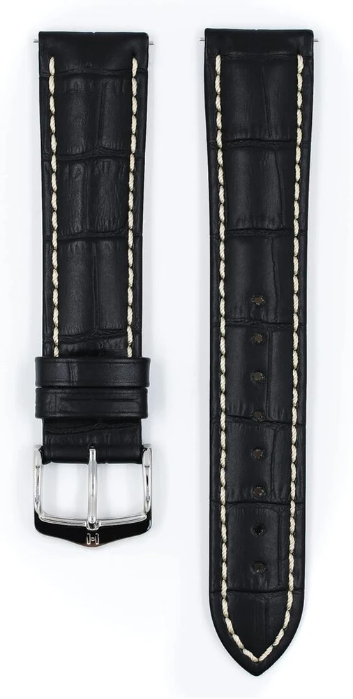Hirsch Modena L, aligatoriaus rašto, kontrastingo dygsnio laikrodžio dirželis juodos spalvos, 24 mm, plieninė sagtis