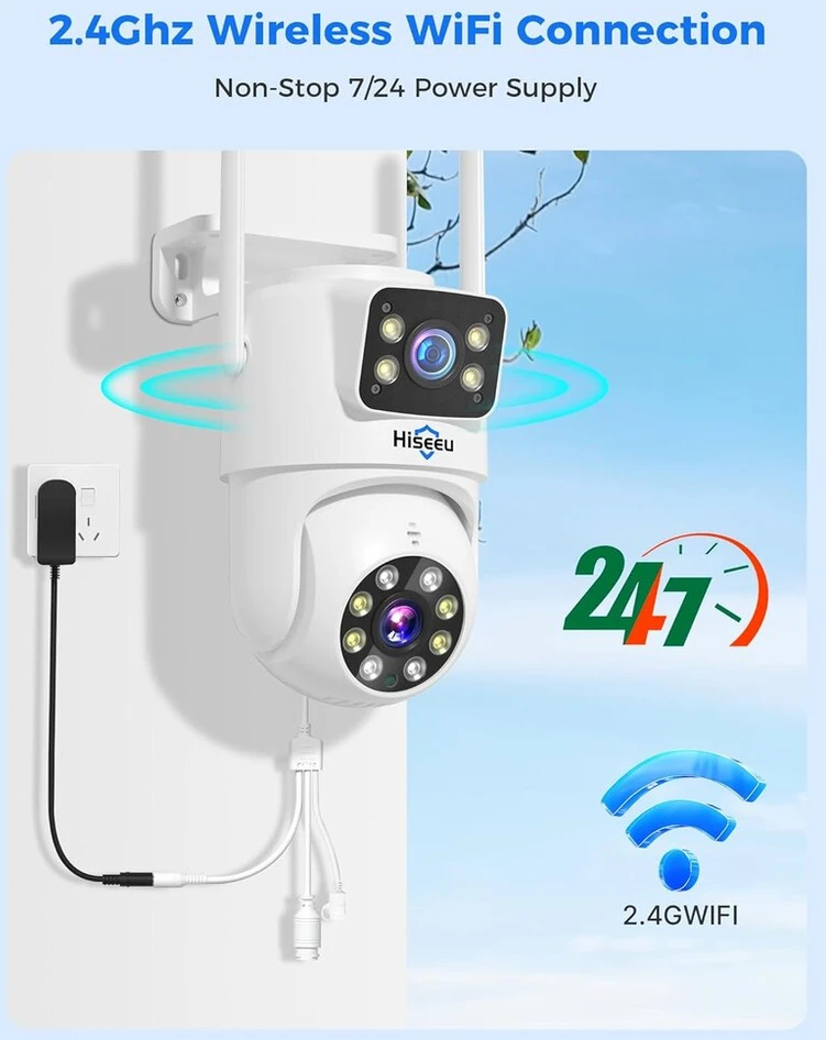 Hiseeu dvigubo objektyvo: 3mp lauko wifi stebėjimo kamera, 2.4g/5g dvigubo vaizdo ptz wifi kamera laukui, 360° besisukantis asmens aptikimas su automatiniu sekimu, spalvotas naktinis matymas, ip66