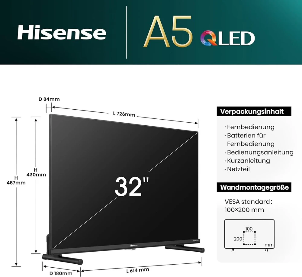 Hisense 32a5nq 80 cm (32 colių) Qled televizorius Full Hd, Smart Tv, trigubas imtuvas, Ai sporto režimas, Dolby Atmos, Share to Tv, dviguba padėtis, Wifi, žaidimų ir viešbučio režimas, juodas [2024]