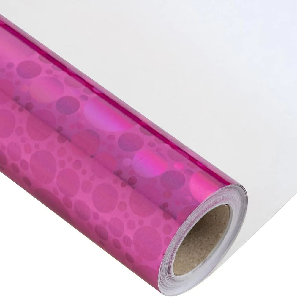 Holijolly rožinis holografinis dovanų pakavimo popierius - mini rulonas - taškuotas raštas gimtadieniui, velykoms, šventėms - 44cm x 10m