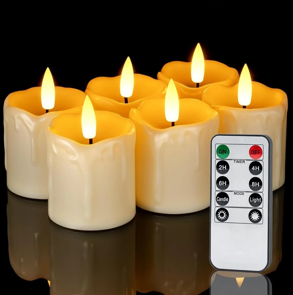 Homemory 6 vnt. laikmačio nuotolinio valdymo pulto žvakės be liepsnos, tikroviškos baterijomis maitinamos žvakės, 3d dagties elektrinės netikros žvakės Kalėdoms, vestuvėms, namų dekoracijoms