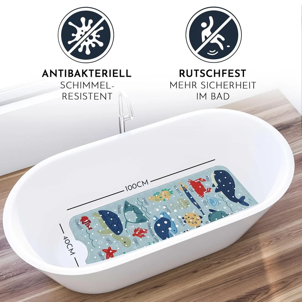 Homerella® neslystantis vonios kilimėlis vaikams, 100% be Bpa, su 2 kabliukais pakabinimui, neslystantis vonios kilimėlis jautriai kūdikių odai, atsparus pelėsiui, neslystantis ir plaunamas vonios kilimėlis, 100 x 40 cm