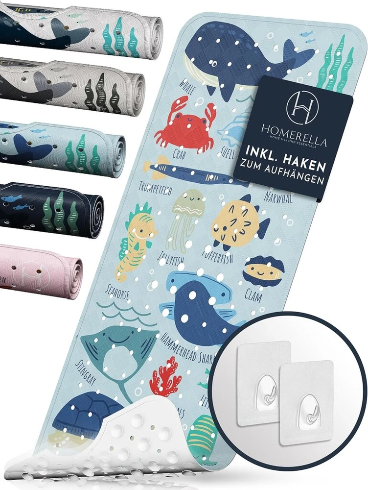 Homerella® neslystantis vonios kilimėlis vaikams, 100% be Bpa, su 2 kabliukais pakabinimui, neslystantis vonios kilimėlis jautriai kūdikių odai, atsparus pelėsiui, neslystantis ir plaunamas vonios kilimėlis, 100 x 40 cm