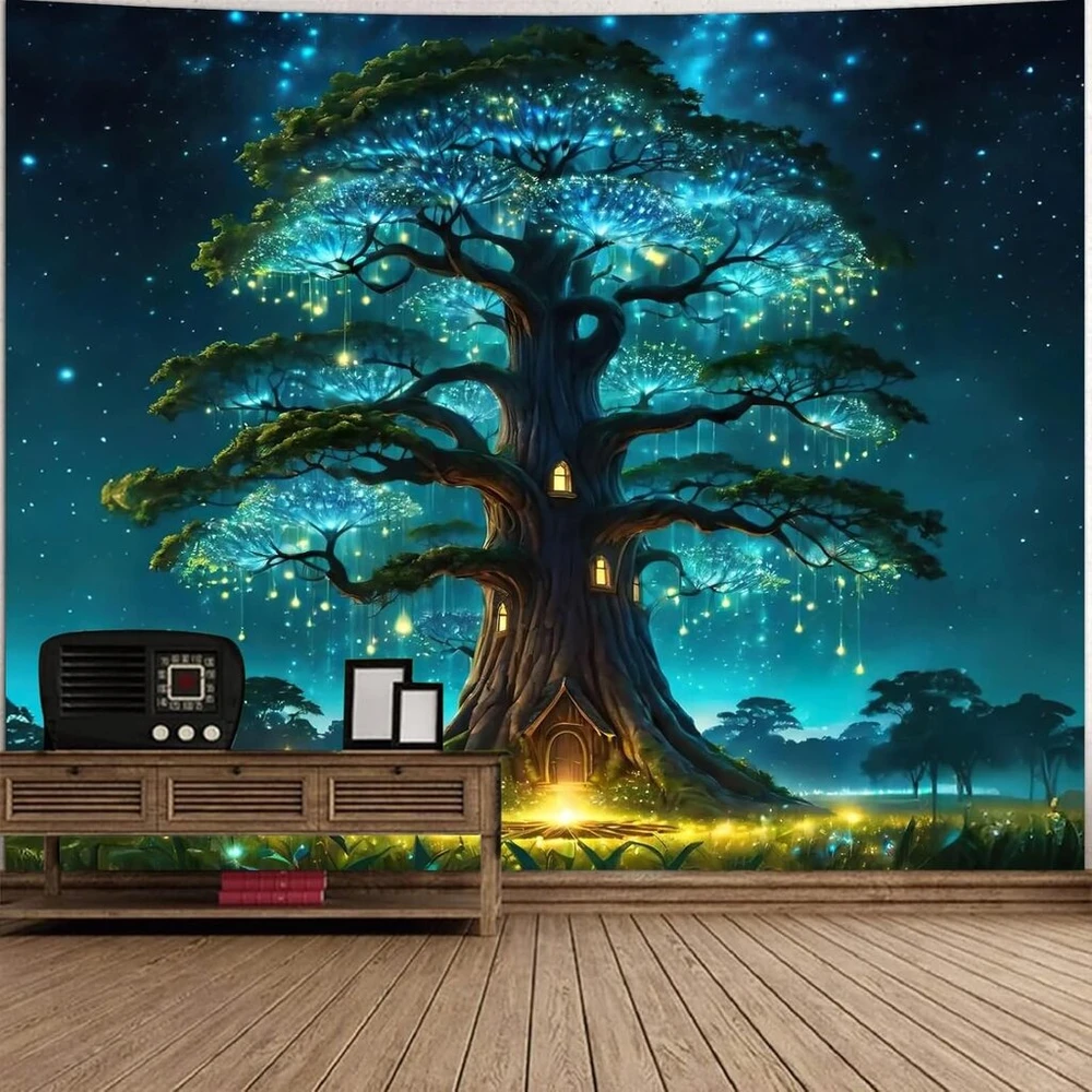 Homxi gobelenas "medžiai" 300 x 256 cm, miško medis svetainei, užkerėto miško gobelenas, žalias