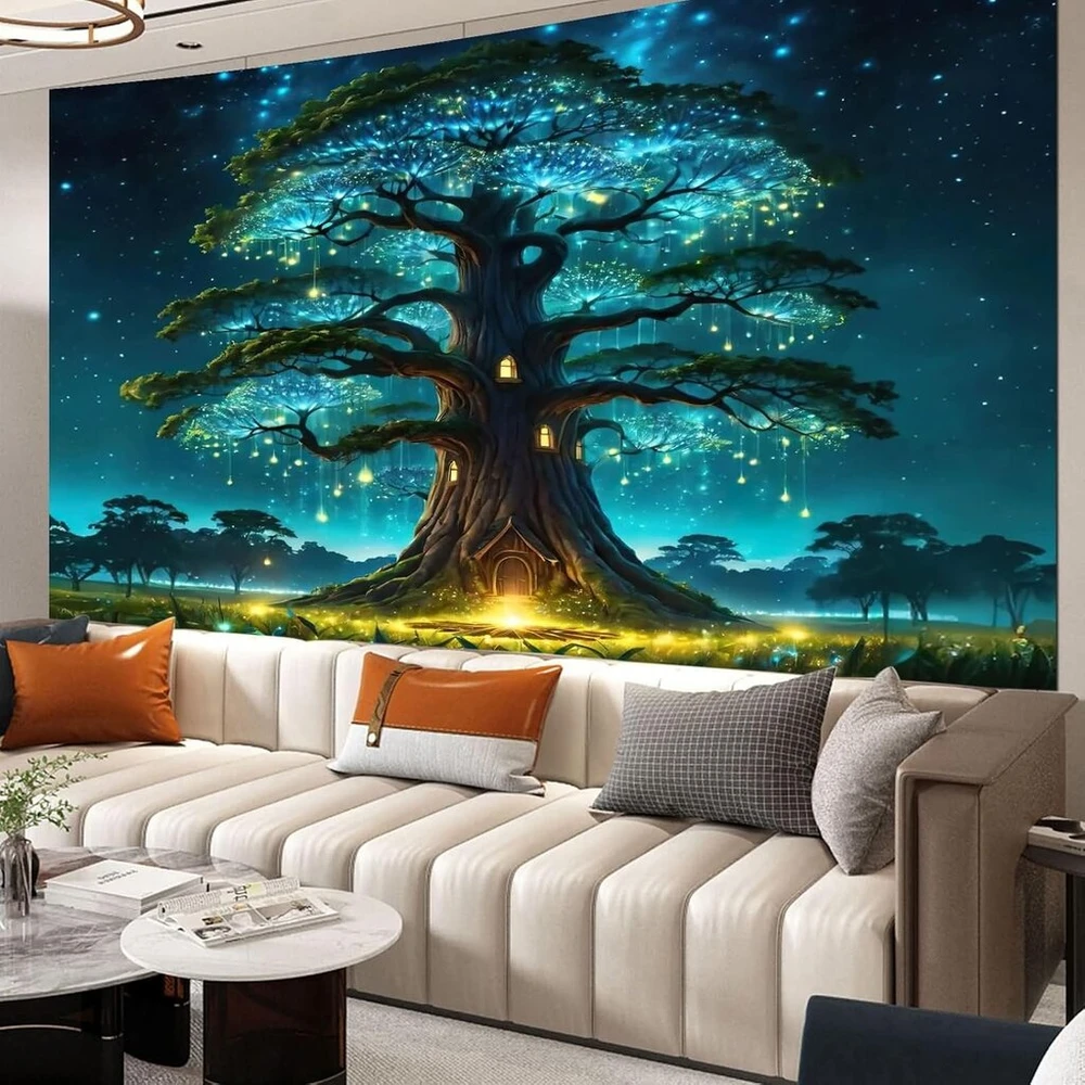 Homxi gobelenas "medžiai" 300 x 256 cm, miško medis svetainei, užkerėto miško gobelenas, žalias