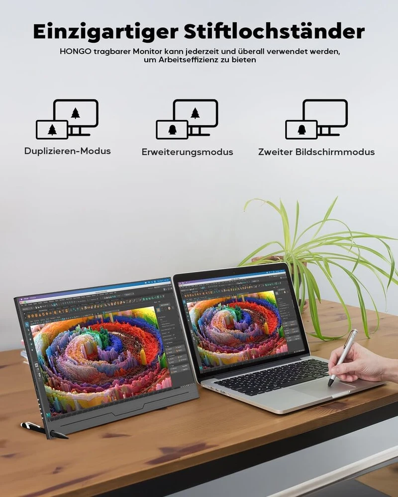 Hongo Nešiojamas 4k monitorius, 15.6 colių 3840 x 2160 nešiojamas monitorius Ips 100% Srgb mobilus monitorius su dviem garsiakalbiais, išplėtimo ekranas nešiojamam Kompiuteriui/pc/mac/ps5/4/x-bo, Usb C Type C Hdmi su apsauginiu dėklu