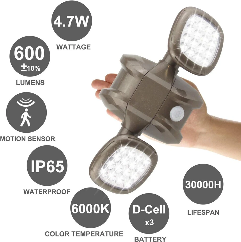 Honwell Led lauko apsaugos apšvietimas, vandeniui atsparus Ip65 belaidis apsaugos šviestuvas, 600 liumenų, judesio jutiklis, lauko baterija, lauko prožektorius, sieninis šviestuvas, apsaugos šviestuvas sodui, bronzinis