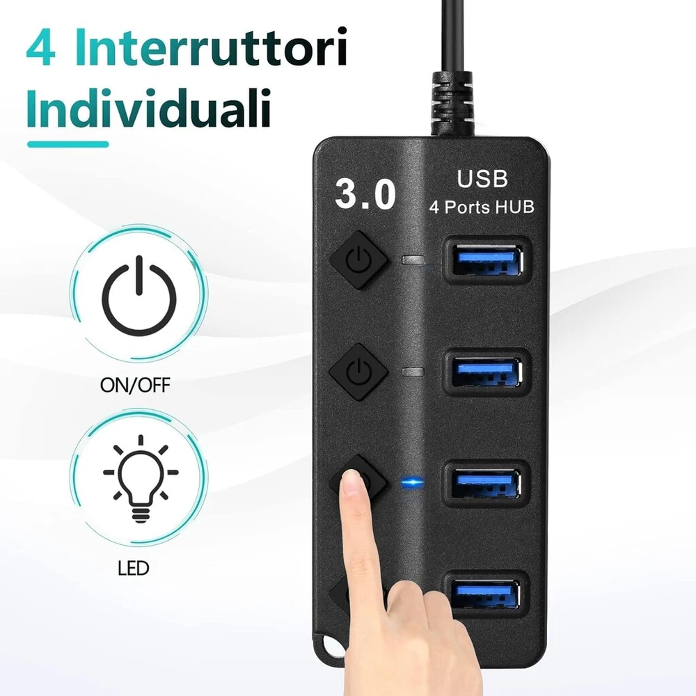 Hoppac Usb šakotuvas, 4 prievadų Usb skirstytuvas su nepriklausomais jungikliais, 1 Usb 3.0 prievadas, 3 Usb 2.0 adapteriai kompiuteriui, su Led lempute, keli Usb lizdai greitam duomenų perdavimui, juodas