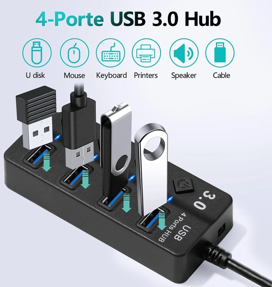 Hoppac Usb šakotuvas, 4 prievadų Usb skirstytuvas su nepriklausomais jungikliais, 1 Usb 3.0 prievadas, 3 Usb 2.0 adapteriai kompiuteriui, su Led lempute, keli Usb lizdai greitam duomenų perdavimui, juodas