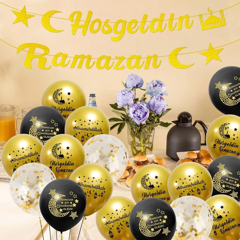 Hosgeldin Ramazan balionų reklaminis skydelis, Ramadan girliandos reklaminis skydelis, aukso spalvos blizgantis vakarėlio kabantis reklaminis skydelis, su 18 Hosgeldin Ramazan Islam latekso balionų, Ramadan dekoravimo vakarėlio reikmenys, namams, sodui