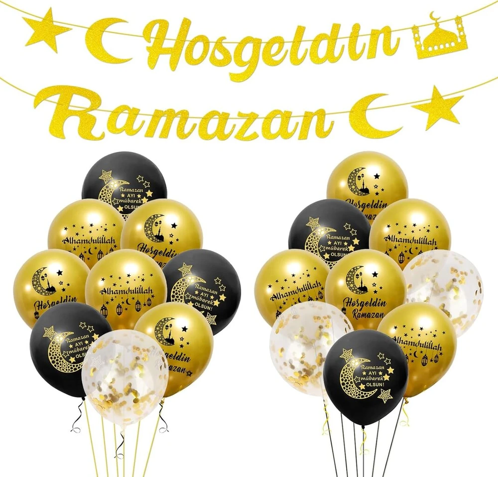 Hosgeldin Ramazan balionų reklaminis skydelis, Ramadan girliandos reklaminis skydelis, aukso spalvos blizgantis vakarėlio kabantis reklaminis skydelis, su 18 Hosgeldin Ramazan Islam latekso balionų, Ramadan dekoravimo vakarėlio reikmenys, namams, sodui