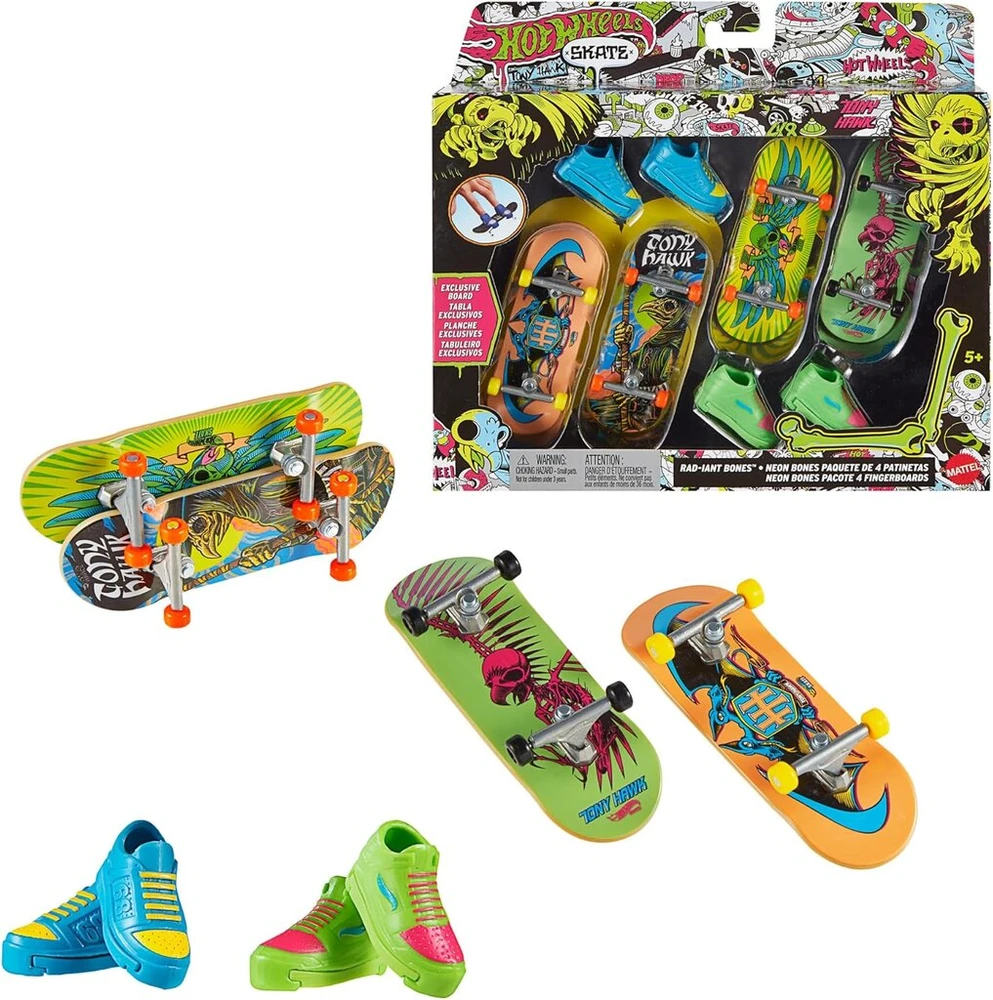 Hot Wheels Tony Hawk Inspired Hot Wheels Skate Neon Bones 4 riedlenčių pirštams rinkinys ir nuimami riedlenčių batai, sukurti bendradarbiaujant su Tony Hawk Hxk84