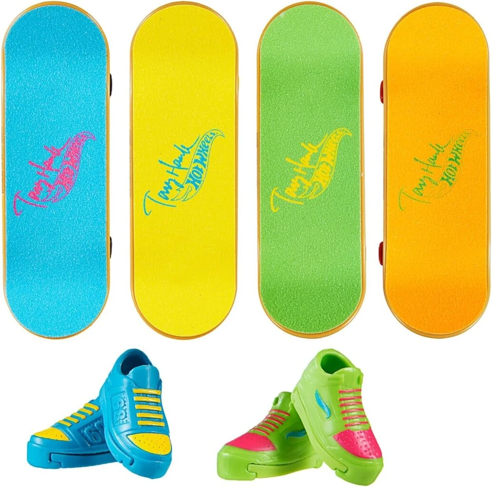 Hot Wheels Tony Hawk Inspired Hot Wheels Skate Neon Bones 4 riedlenčių pirštams rinkinys ir nuimami riedlenčių batai, sukurti bendradarbiaujant su Tony Hawk Hxk84
