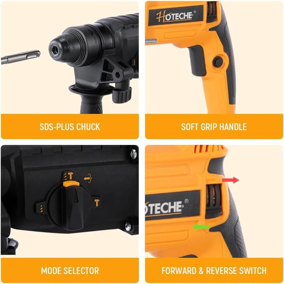 Hoteche sds plus 800 w 26 mm perforatorius, 4 funkcijos (gręžimas/smūginis gręžimas/kalimas/kaltų darymas), 1120 aps/min, 5500 smūgių/min, su priedais