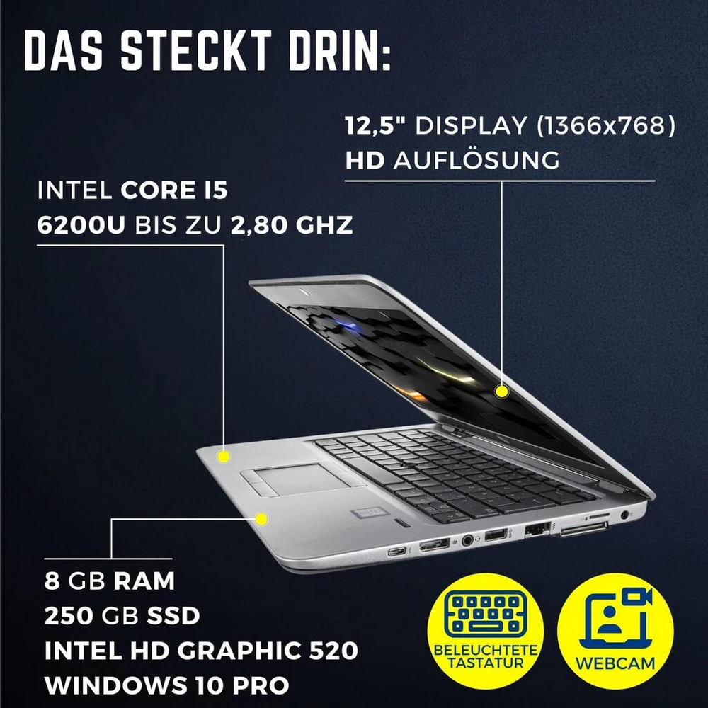 Hp Elitebook 820 G3 (12.5 colio) - Intel Core i5 (6-os kartos), 250gb Ssd, 8gb Ram, 1366x768, internetinė kamera, Win10 Prof. - Subnotebook (atnaujintas)