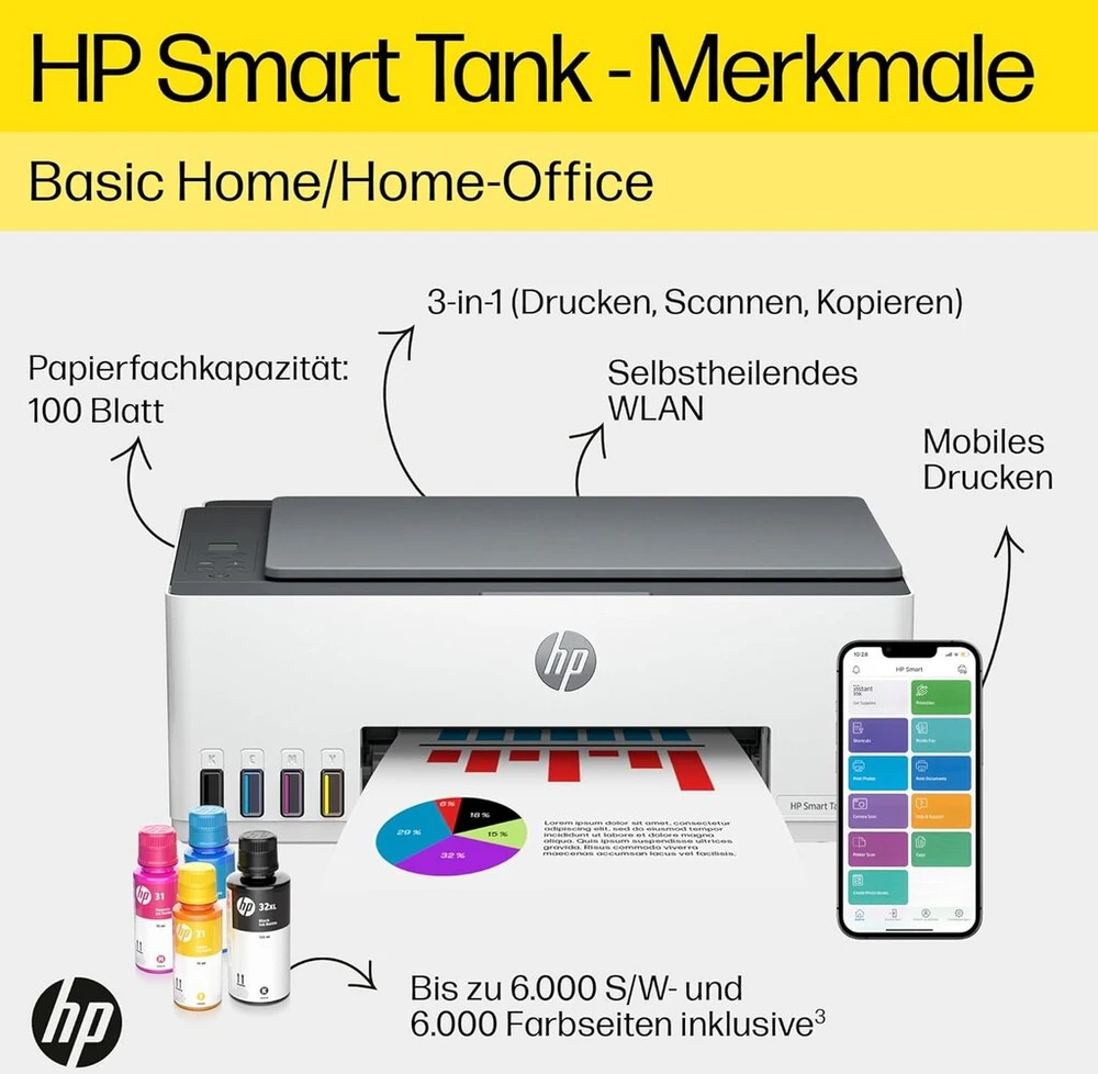 Hp Smart Tank 5105 daugiafunkcis spausdintuvas, spalvotas, skirtas namams ir namų biurui, kopijavimas, belaidis, didelės talpos spausdintuvo talpykla, spausdinimas iš išmaniojo telefono arba planšetinio kompiuterio, skenavimas į pdf
