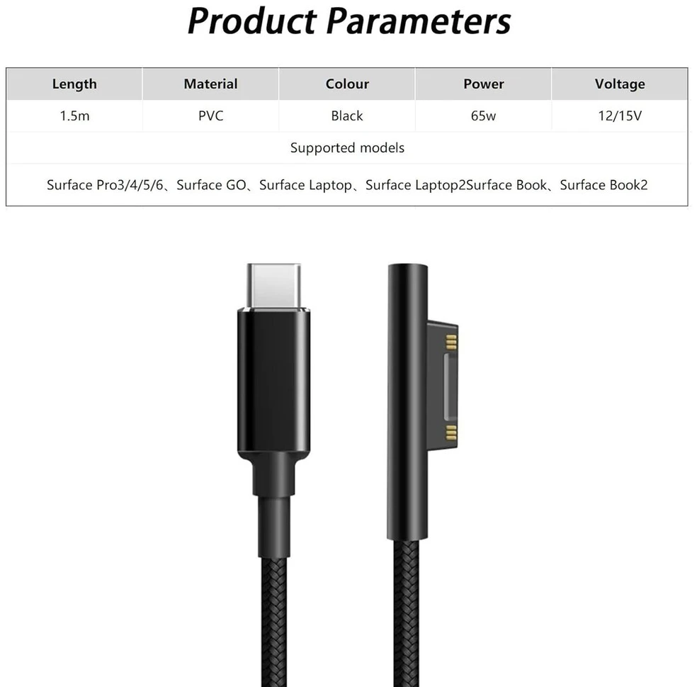 Hsupez Usb-c įkrovimo laidas, 15 V jungtis į Usb-c laidą, suderinamas su Surface Pro 3/4/5/6, Surface Nešiojamas kompiuteris/laptop 2, Surface Book 1/2, Surface 3/go/studio (1,8 m)