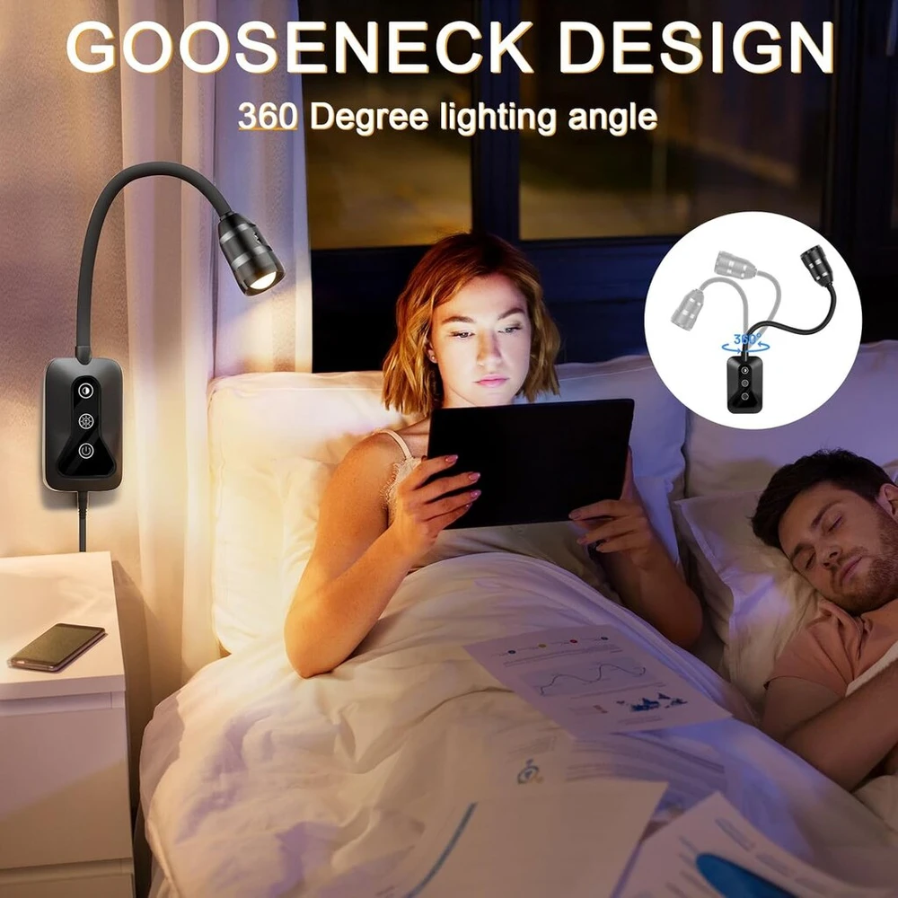 Lova Huaeu led skaitymo lempa prie lovos su rankos jutikliu ir valdymu lietimu - pritemdoma skaitymo lempa prie sienos su 5 spalvomis ir usb jungtimi | lankstus gooseneck skaitymo šviesai, idealiai tinka miegamajam ir naktiniam skaitymui
