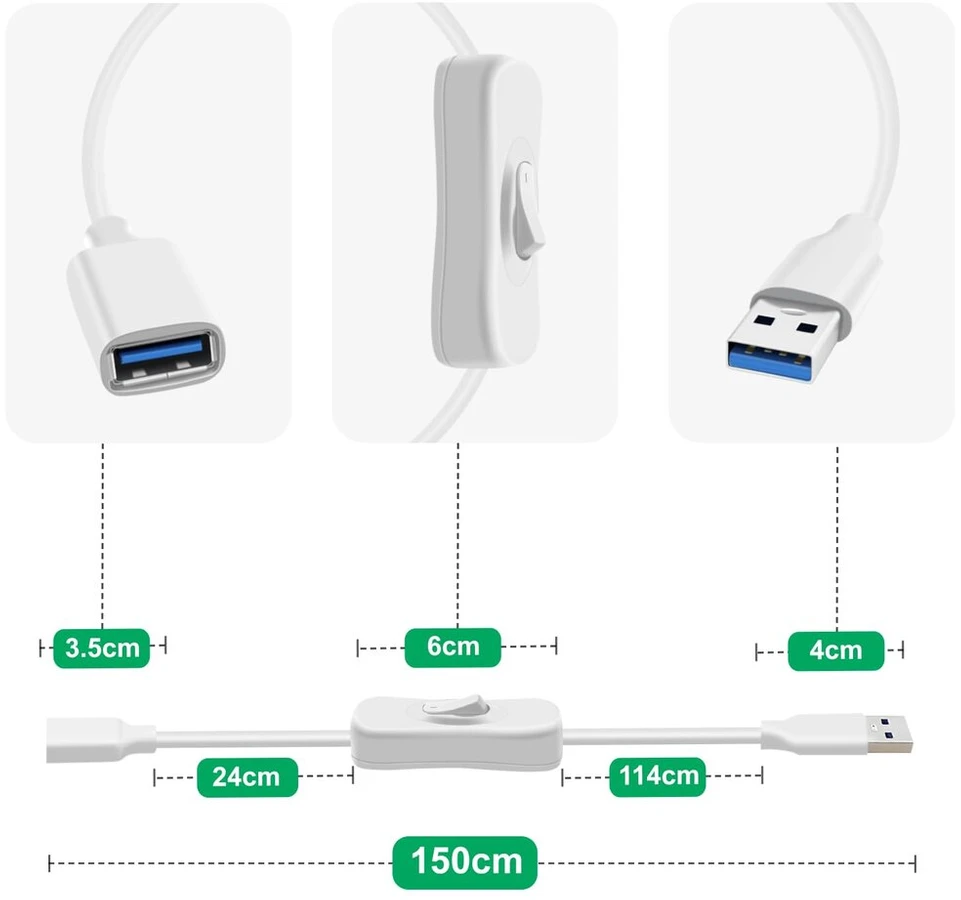 Hualisiji Usb 3.0 ilginimo laidas su jungikliu, Usb 3.0 laidas su jungikliu, palaiko 5 gbps duomenų perdavimą ir maitinimą, skirtas kompiuteriui, nešiojamam kompiuteriui, Usb ventiliatoriui, Led (baltas, 1,5 m)