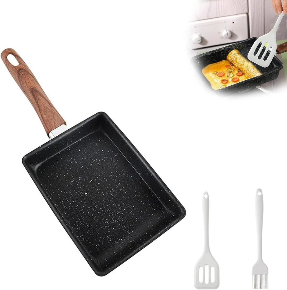 Huanr tamagoyaki keptuvė su nelimpančia danga 19 x 15.5 x 4 cm, maža keptuvė su nuimama rankena, silikoninis samtis ir teptukas, keptuvė kiaušinienei, keptuvė blynams, kepsniams, žuviai
