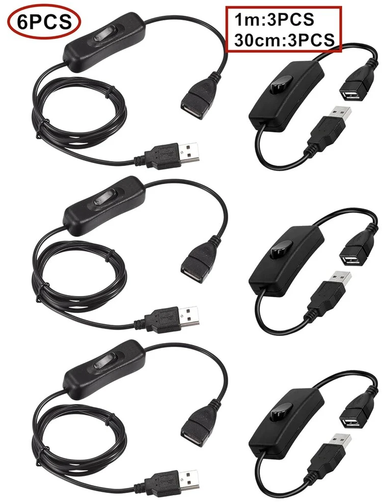 Huaziz juodas usb kabelis su įjungimo/išjungimo jungikliu usb nuo vyriško iki moteriško prailginimo kabelis (3 vnt. 30 cm usb prailginimo kabelis + 3 vnt. 100 cm usb prailginimo kabelis), skirtas led stalinei lempai