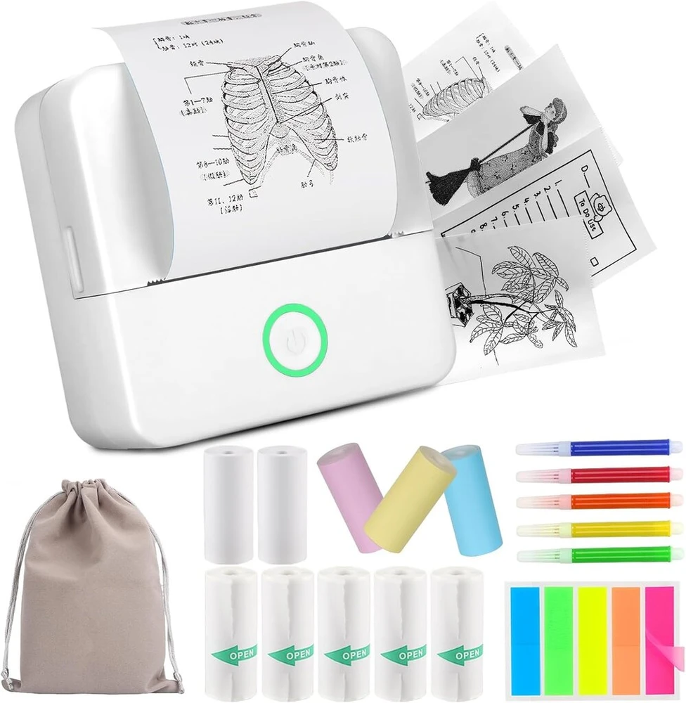 Huijutchen mini spausdintuvas, belaidis bluetooth nuotraukų spausdintuvas, nešiojamas terminis spausdintuvas, išmaniojo telefono kišeninis spausdintuvas, suderinamas su android ir ios, su 10 popieriaus ritinėlių mokslams, užrašams, nuotraukoms (baltas)