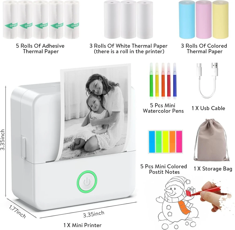 Huijutchen mini spausdintuvas, belaidis bluetooth nuotraukų spausdintuvas, nešiojamas terminis spausdintuvas, išmaniojo telefono kišeninis spausdintuvas, suderinamas su android ir ios, su 10 popieriaus ritinėlių mokslams, užrašams, nuotraukoms (baltas)