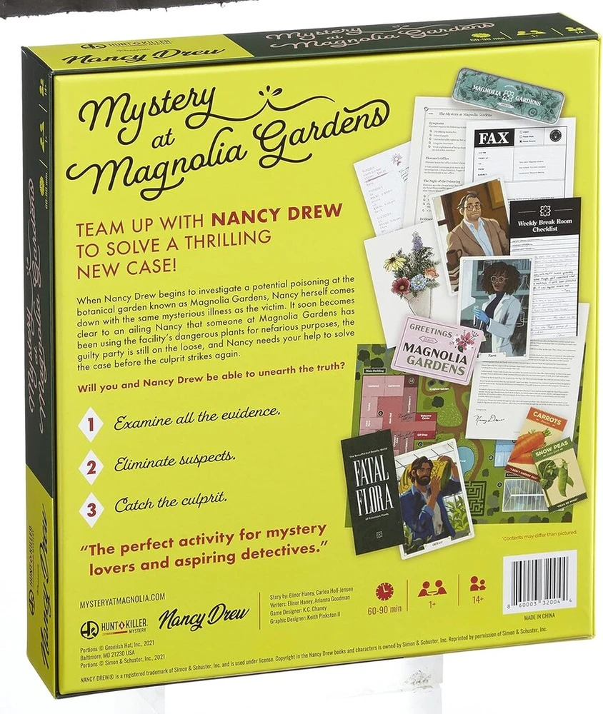 Hunt A Killer - Nancy Drew - paslaptis Magnolijų soduose, įtraukiantis žmogžudystės detektyvo žaidimas, tirkite įrodymus, pašalinkite įtariamuosius, sučiupti nusikaltėlius, skirtas pradedantiesiems detektyvams, žaidimų vakaras
